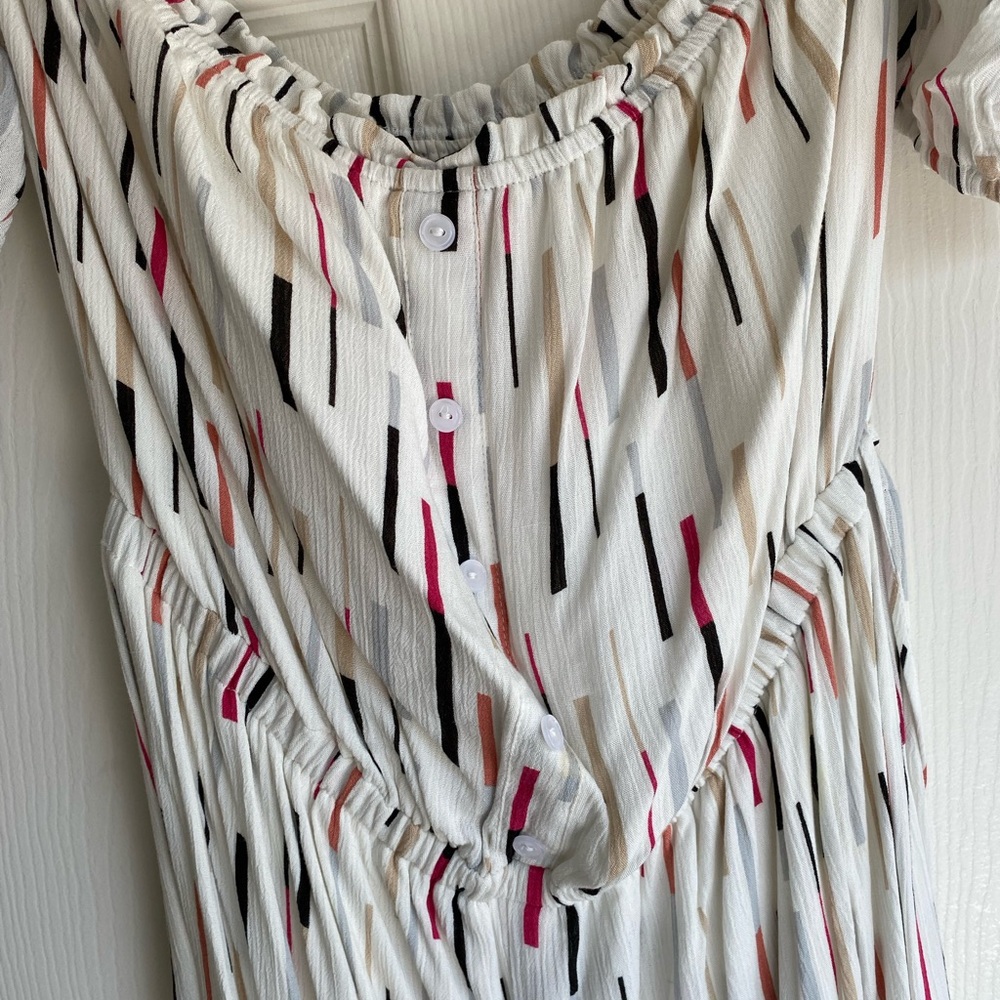 Lulu's White Off the Shoulder Jumpsuit with Colorful Stripes